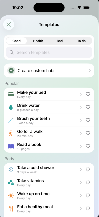 Habitary habit templates screen