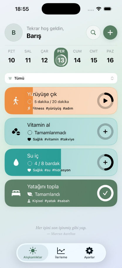 Habitary günlük alışkanlıklar ekranı